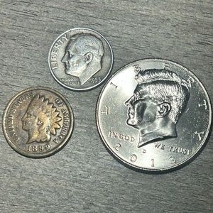 3-Coin Lot: 1953-D 90% Silver Roosevelt Dime, 1899 Indian Head, 2013 JFK Half